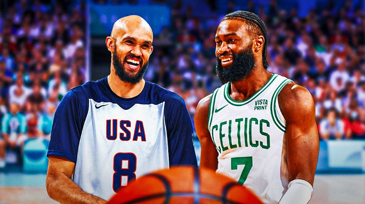 Derrick White and Jaylen Brown both smiling at each other on an Olympic background Boston Celtics