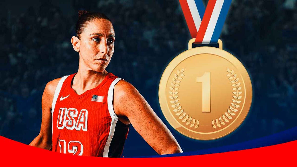 Team USA women's basketball player Diana Taurasi, in a Team USA uniform, and a gold medal, as if she is looking at the gold medal