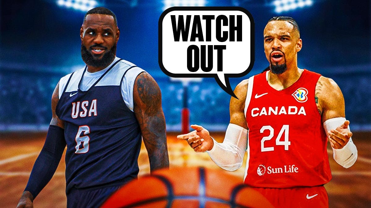 Team USA star LeBron James and Team Canada star Dillon Brooks saying "Watch Out" in front of the Olympics.
