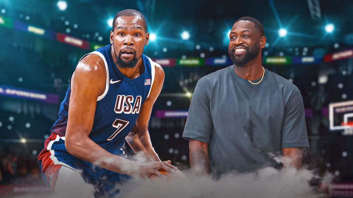Kevin Durant in his Team USA basketball jersey alongside a recent/current picture of Dwyane Wade with the Olympics logo in the background