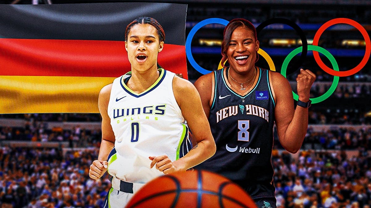 WNBA Dallas Wings plater Satou Sabally, and WNBA New York Liberty player Nyara Sabally, with the Olympic Rings and the German flag behind them