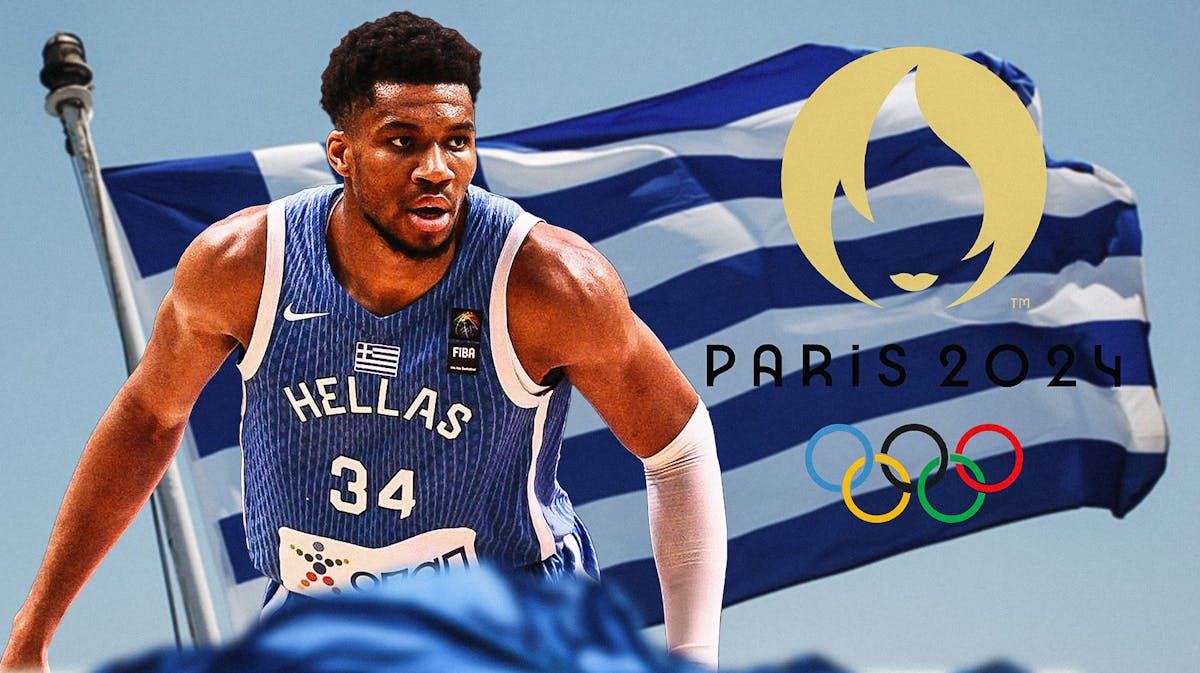 Giannis Antetokounmpo intense with the Greek flag and olympic logo in the background.