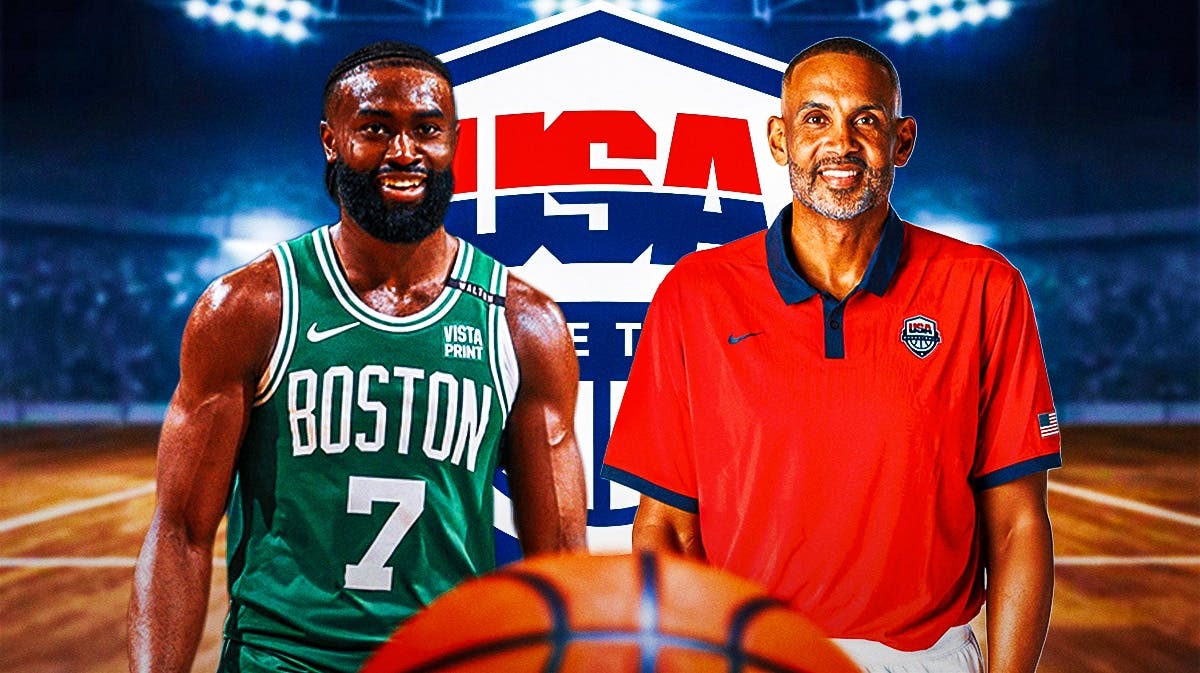 Jaylen Brown, Grant Hill with a Team USA background.