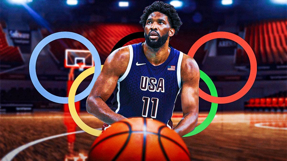 Joel Embiid, Olympics, team USA, USA, USA South Sudan, Joel Embiid with Olympics logo in background