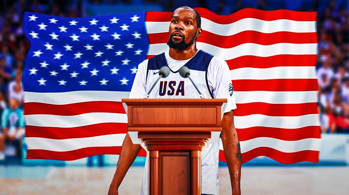 Kevin Durant at a debate podium with an Olympics/Team USA themed bg.