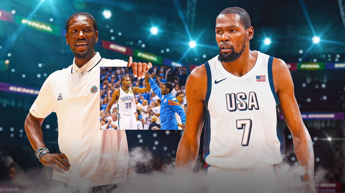 Team USA's Kevin Durant angry at South Sudan coach Royal Ivey, with a picture of them together wearing Thunder unis