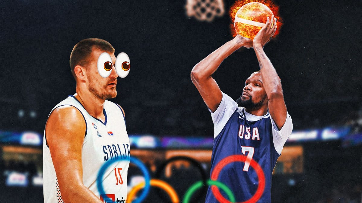 Team USA's Kevin Durant shooting a fireball as Serbia's Nikola Jokic looks at him