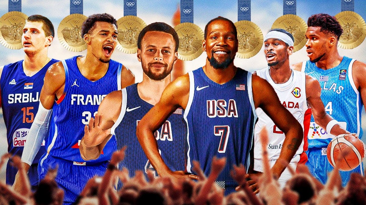 : Team USA's Stephen Curry and Kevin Durant smiling, with Olympic gold medals falling from the sky with Shai Gilgeous-Alexander, Nikola Jokic, Victor Wembanyama, and Giannis Antetokounmpo beside Curry and Durant
