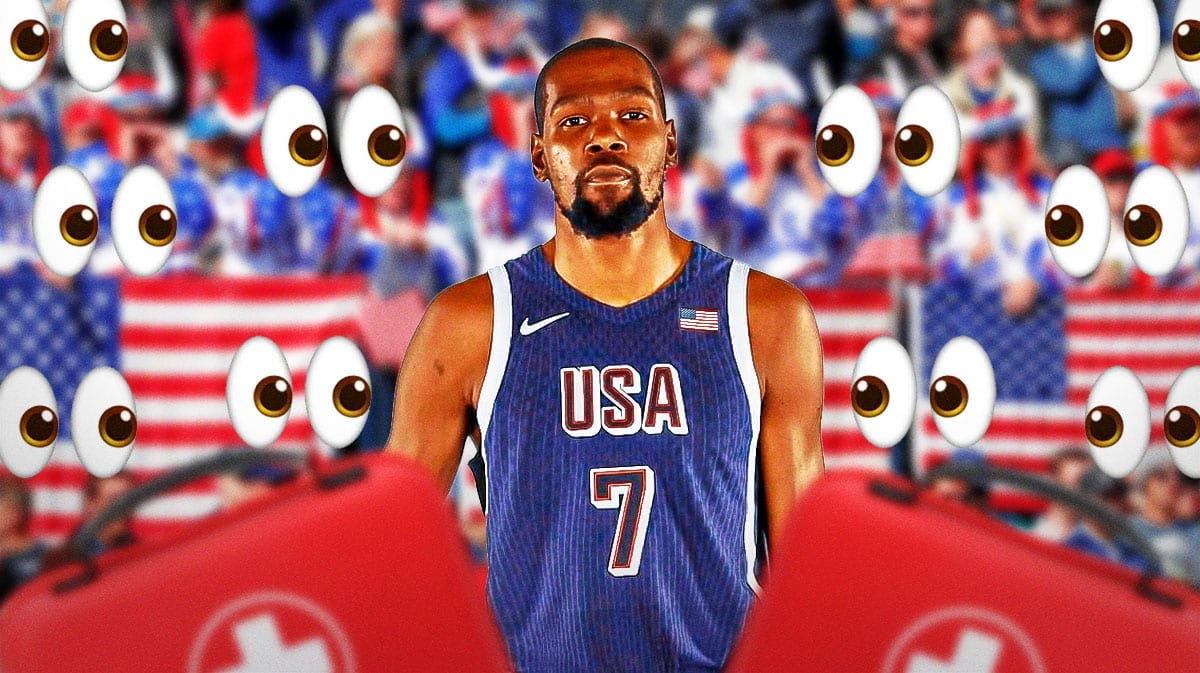 Kevin Durant in a Team USA jersey with an injury kit in front of him, a bunch of Team USA fans on the other side with the big eyes emoji around them