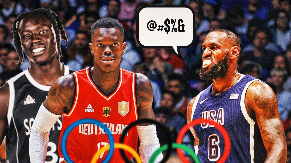 Team USA's LeBron James angry, with a speech bubble containing grawlix, with Germany's Dennis Schroder and South Sudan's Wenyen Gabriel smiling