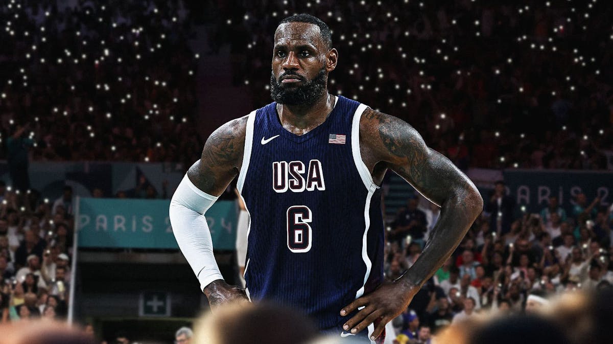 LeBron James wearing team USA jersey appearing nervous.