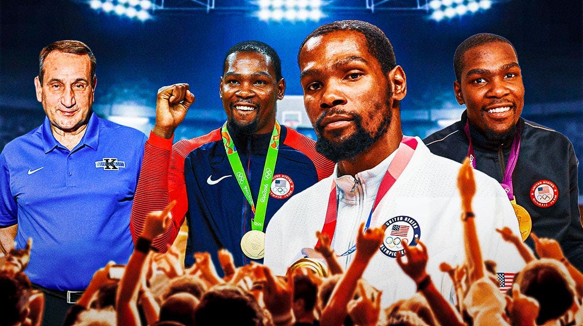 2012, 2016, and 2021 Team USA versions of Kevin Durant wearing the gold medal, with Mike Krzyzewski smiling beside him