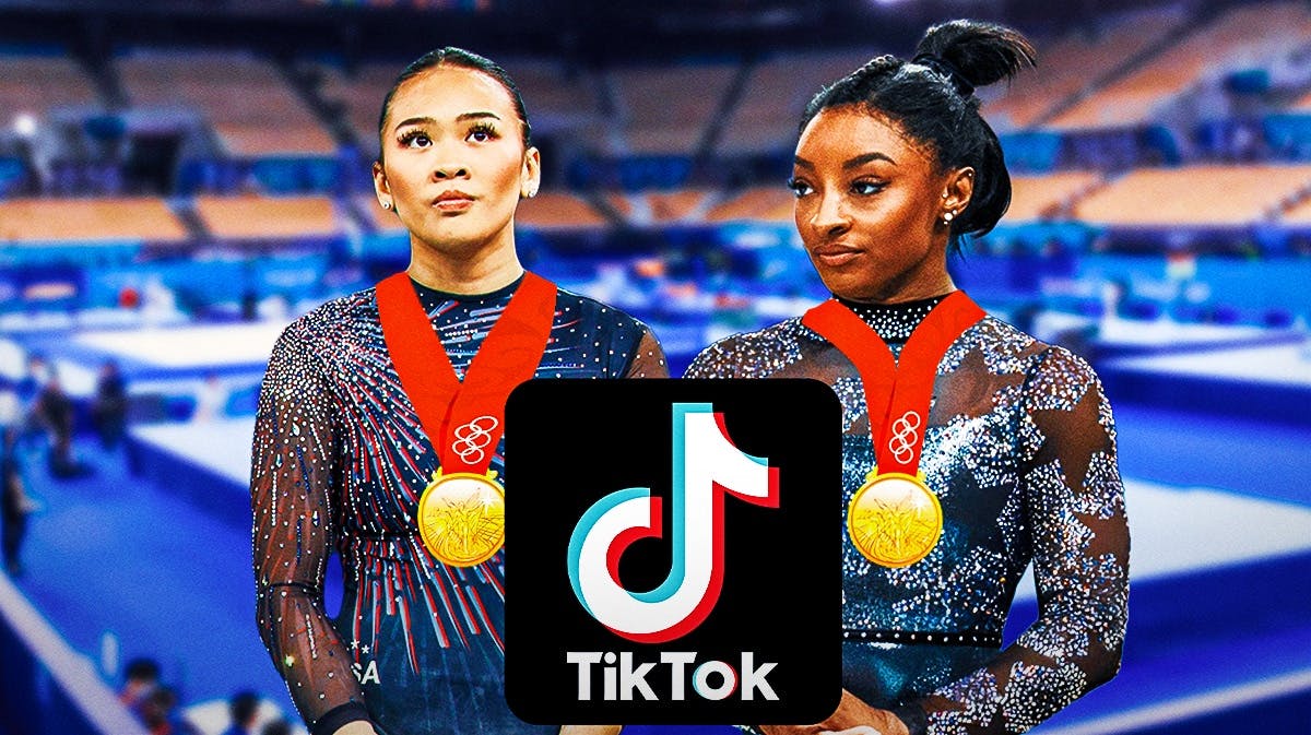 Suni Lee and Simone Biles holding gold medal and have tiktok logo