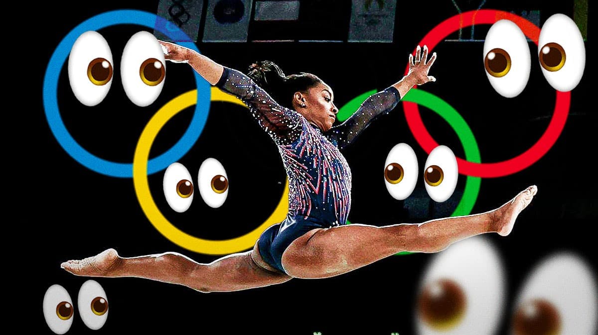 U.S.A. women's gymnast Simone Biles, doing a gymnastics move, with the eyeball emoji 👀 looking at here, and the Olympics ring as the background