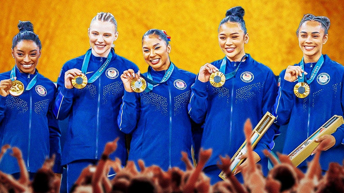 The U.S. Olympic gymnastics team Simone Biles, Jade Carey, Jordan Chiles, Sunisa Lee, and Hezly Rivera