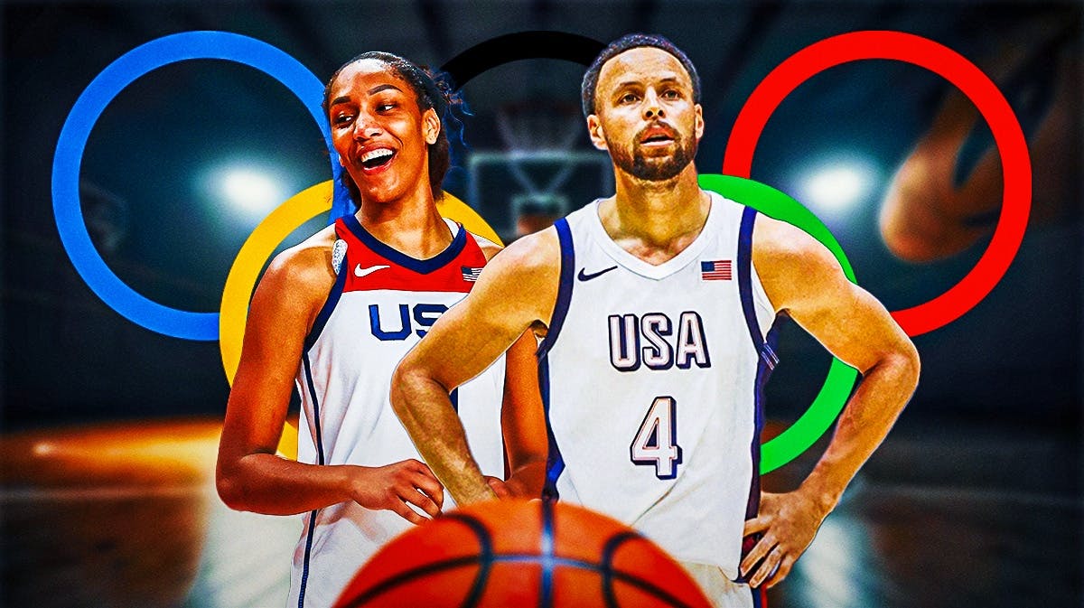Team USA women's basketball player A'ja Wilson in her Team USA jersey, and Team USA men's basketball player Stephen Curry in his Team USA jersey, with the Olympic rings