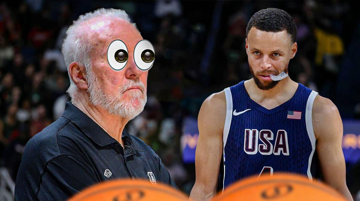 Steph Curry in USA jersey looks at Gregg Popovich with bulging eyes