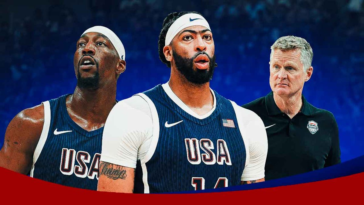 Team USA's Steve Kerr stands beside Lakers' Anthony Davis and Heat's Bam Adebayo