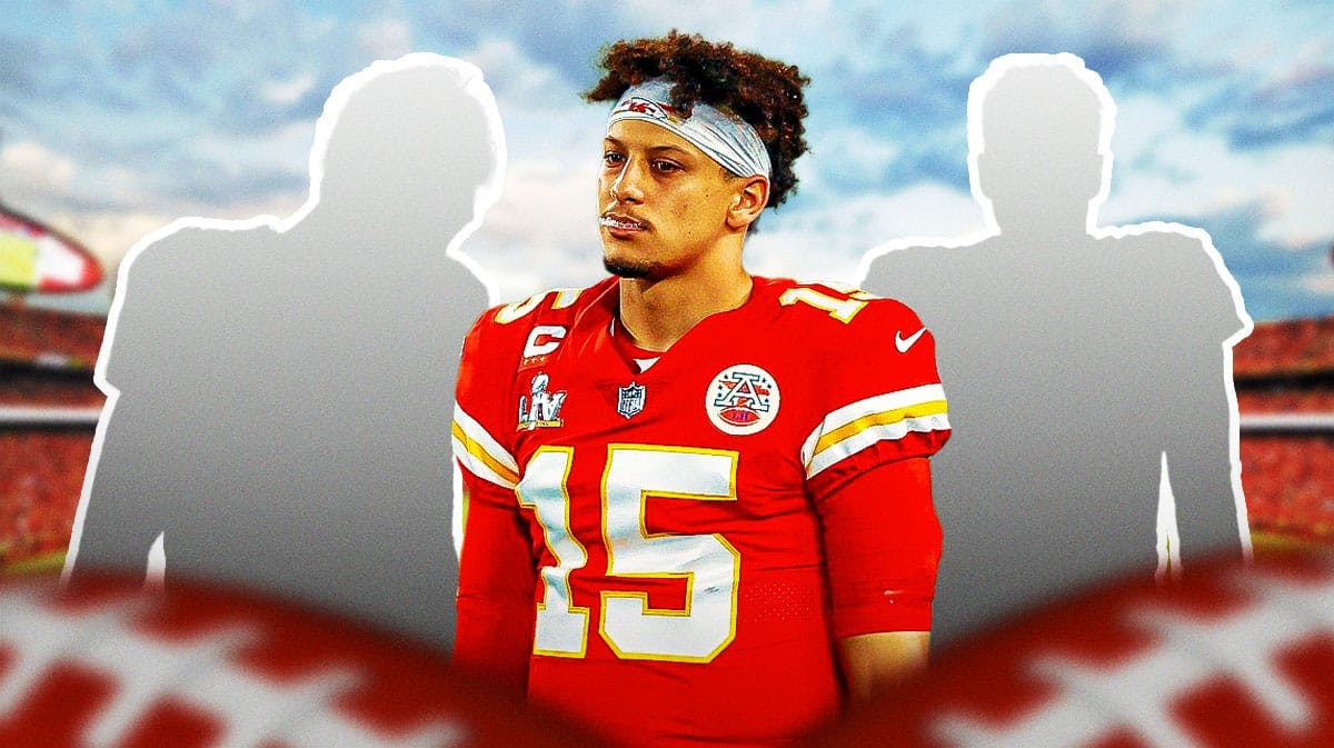 Chiefs' Patrick Mahomes looking sad with a silhouette of Tom Brady on one side and Joe Burrow on the other.