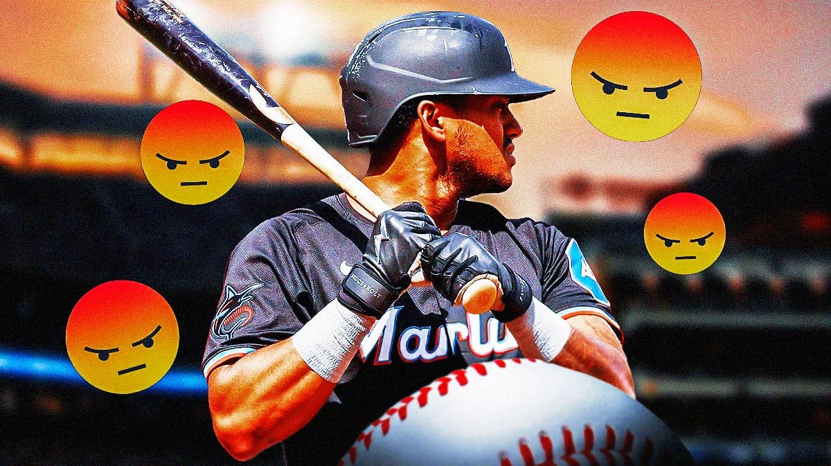 Dane Myers in Marlins jersey looking serious with angry emojis around him
