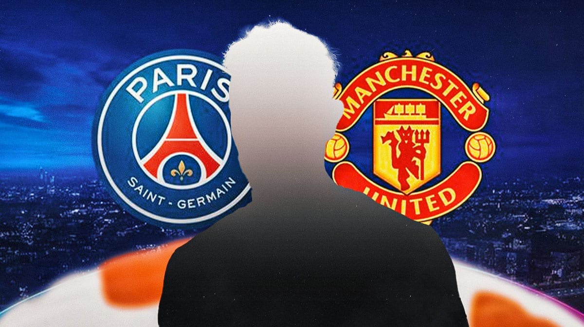 The silhouette of Bruno Fernandes in front of the Manchester United and PSG logos