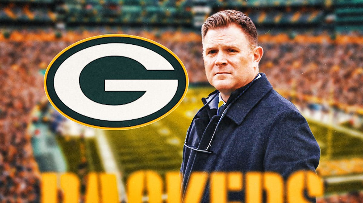 Green Bay Packers logo on left side, Packers General Manager Brian Gutekunst on right side
