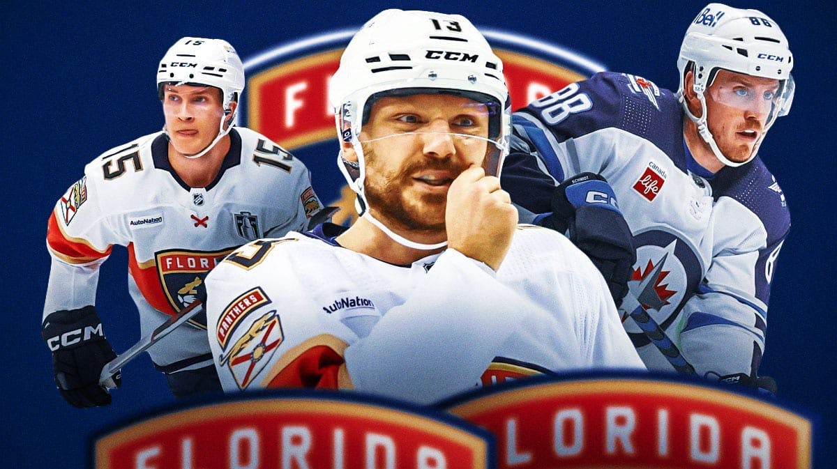 Sam Reinhart in middle looking happy, Nate Schmidt on one side and Anton Lundell on the other, Florida Panthers logo, hockey rink in background