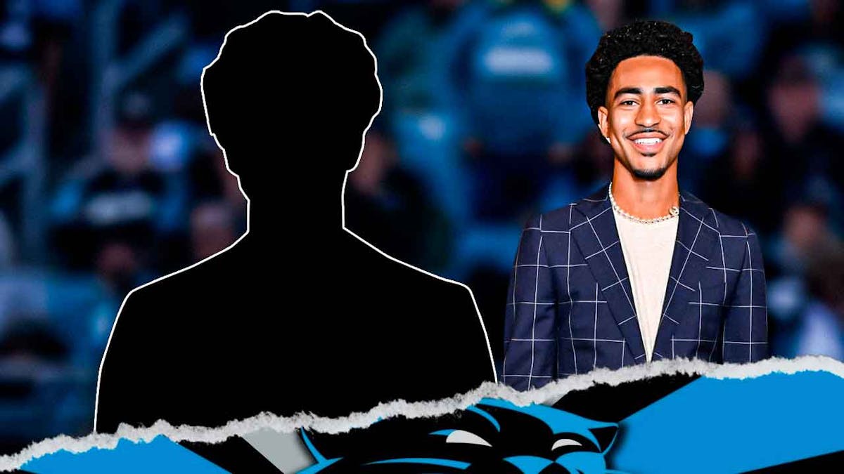 Bryce Young next to the blacked-out silhouette of Bryce Young in front of the Panthers' stadium.