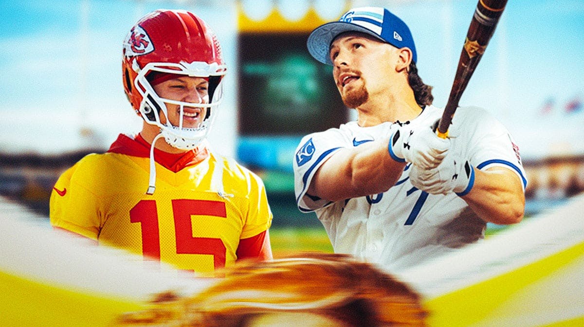 Patrick Mahomes in a Kansas City Chiefs uniform on the left and Bobby Witt Jr. swinging a bat in a Kansas City Royals uniform on the right as Mahomes was nervous watching Witt jr. in the home run derby.
