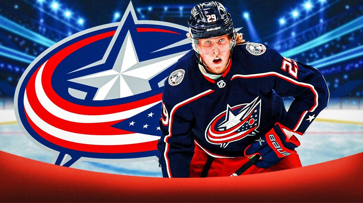 Patrik Laine in middle of image looking hopeful, Columbus Blue Jackets logo, 3-5 question marks, hockey rink in background