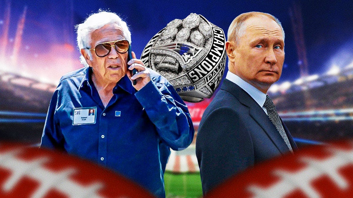 Robert Kraft on one side, Vladimir Putin on the other and a Patriots Super Bowl ring in between.