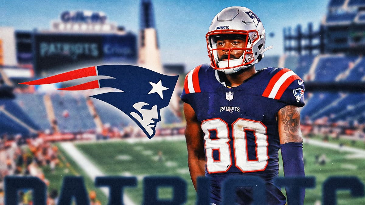 New England Patriots logo on left side, Patriots wide receiver Kayshon Boutte on right side, Gillette Stadium (home stadium of New England Patriots) in background