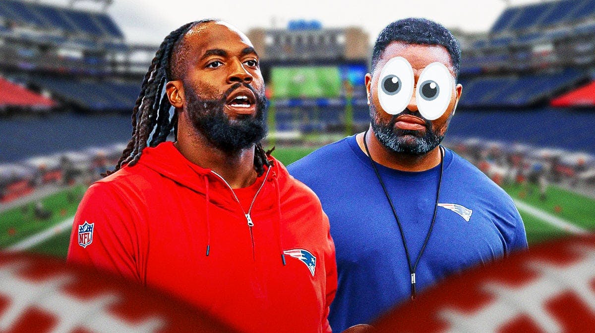 Matthew Judon on one side, Jerod Mayo on the other side with the big eyes emoji over his face