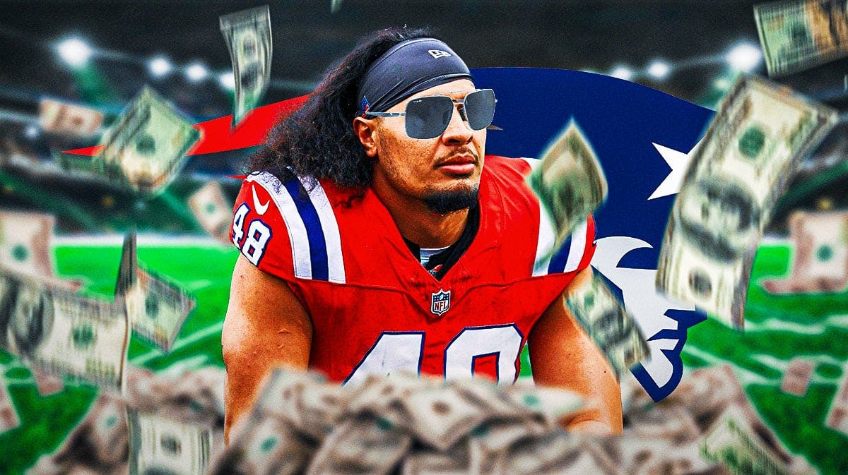 New England Patriots linebacker Jahlani Tavai with big sunglasses and surrounded by green dollar sign emojis. There is also a logo for the New England Patriots.