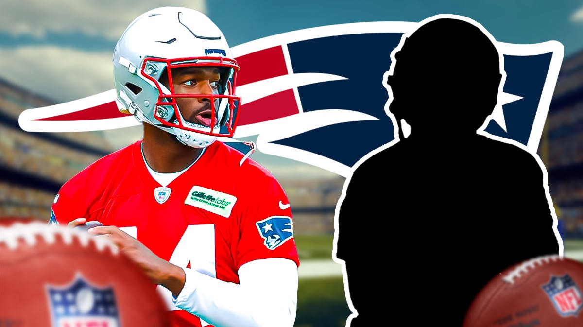 Jacoby Brissett in a patriots jersey next to the blacked-out silhouette of Drake Maye with the Patriots logo as the background.