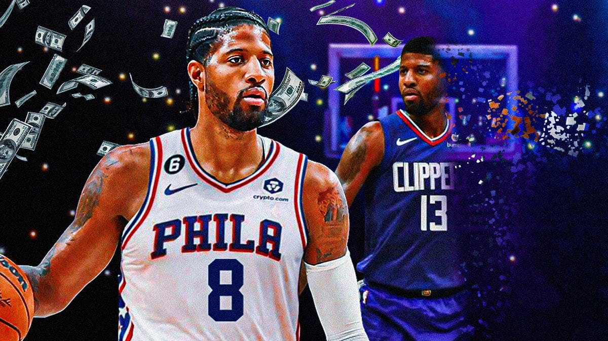 Paul George in a 76ers jersey (number 8) with his Clippers version vanishing, with burning dollars falling from the sky
