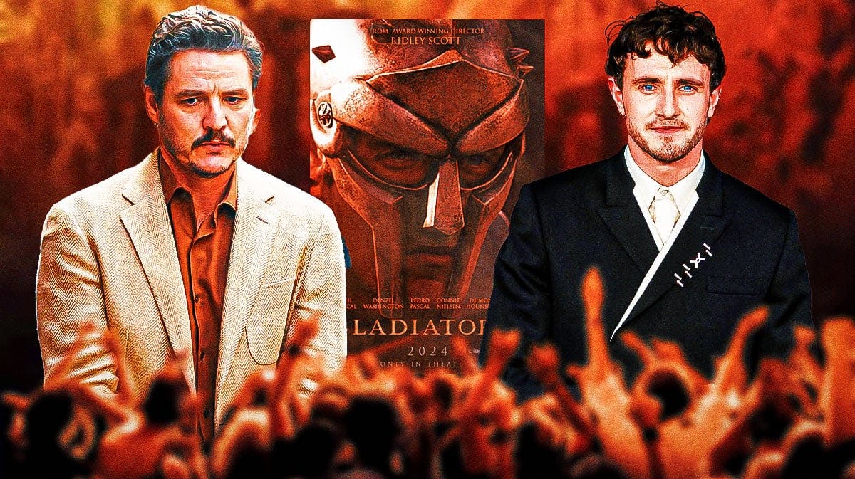 Pedro Pascal and Paul Mescal with Gladiator poster.