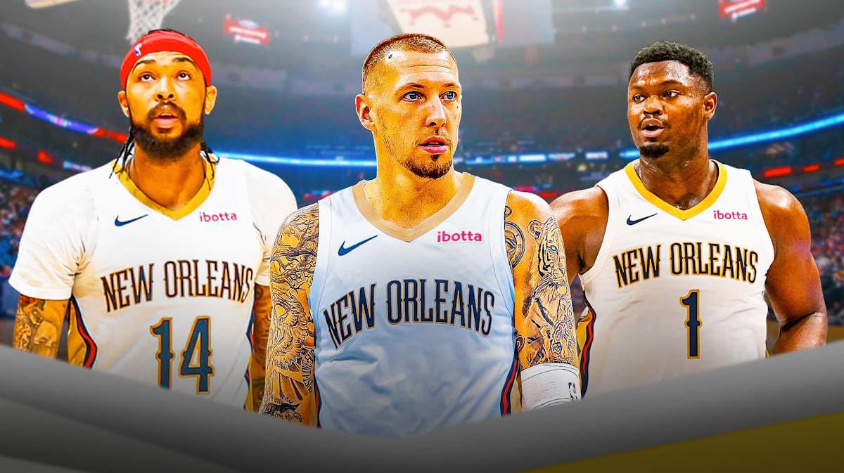 Daniel Theis in a New Orleans Pelicans jersey alongside Zion Williamson and Brandon Ingram with the Pelicans arena in the background.