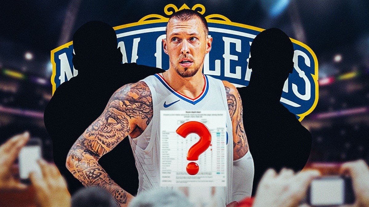 Graphic: Daniel Theis and 2 blank/blacked out player silhouettes. A Pelicans logo somehow incorporated and a 'Depth Chart' with a big question mark.