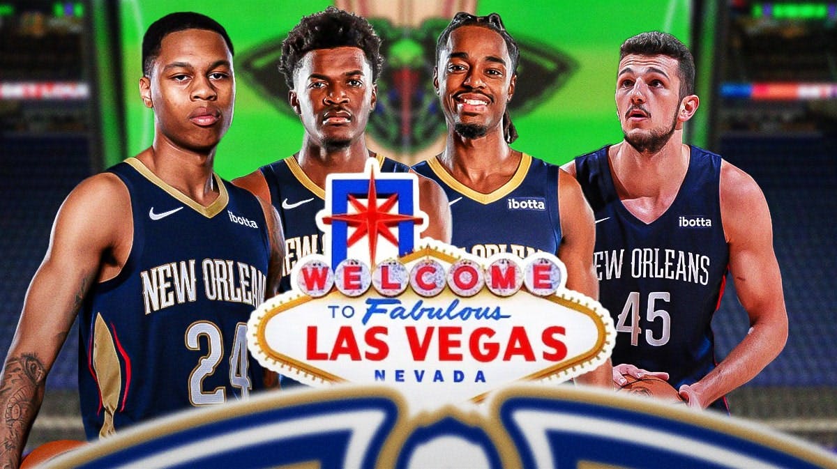 Graphic: Jordan Hawkins, Yves Missi, Antonio Reeves, Karlo Matkovic the Pelicans logo, and the Welcome To Las Vegas sign.