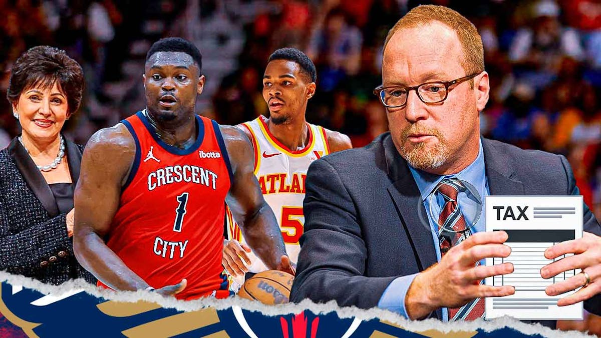 David Griffin looking at a luxury tax bill with a magnifying glass behind Zion Williamson and Dejounte Murray, who are staring face-forward at Gayle Benson.