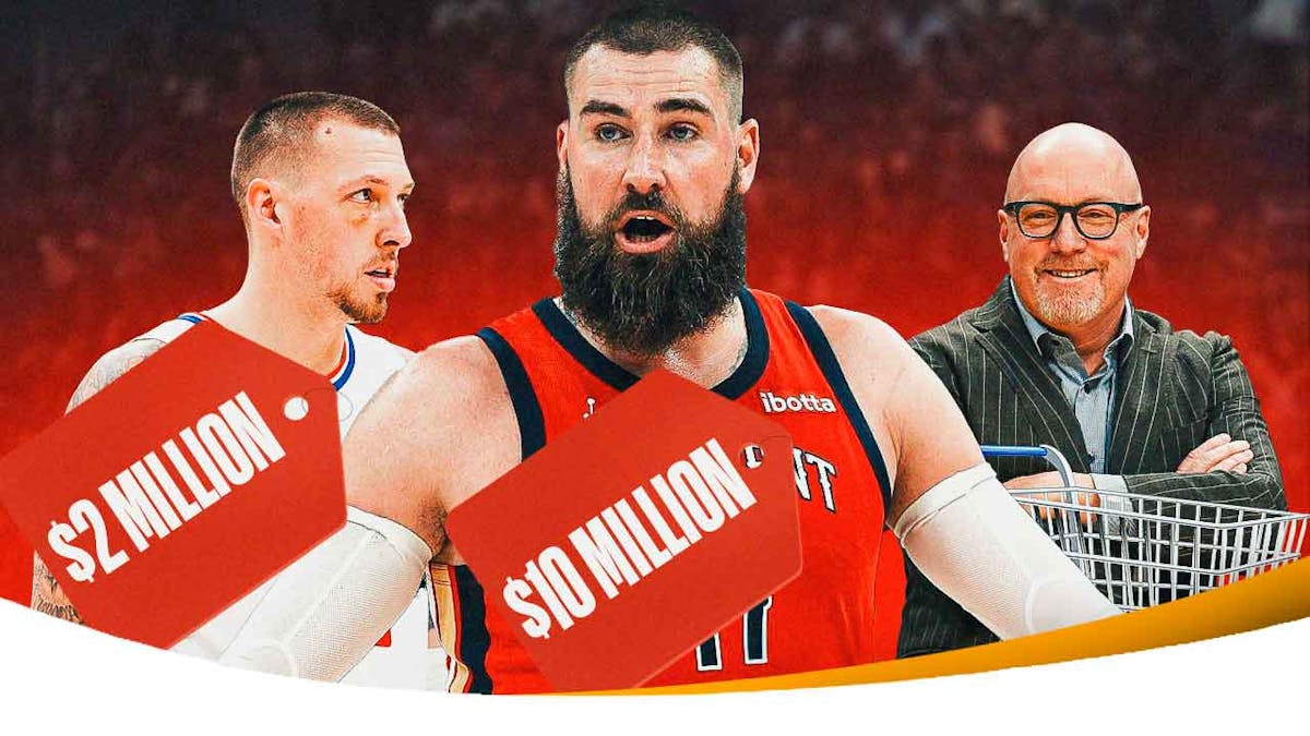Daniel Theis with a '$2 million' price tag. Jonas Valanciunas with a '$10 million' price tag. New Orleans Pelicans logo background. David Griffin with a shopping cart.