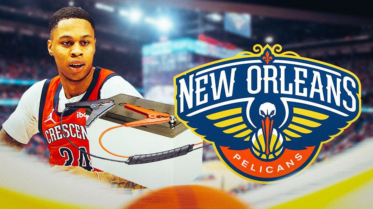 Jordan Hawkins holding some jumper cables which are connected to a battery with the Pelicans logo. Perhaps the background can be the NBA Summer League court.