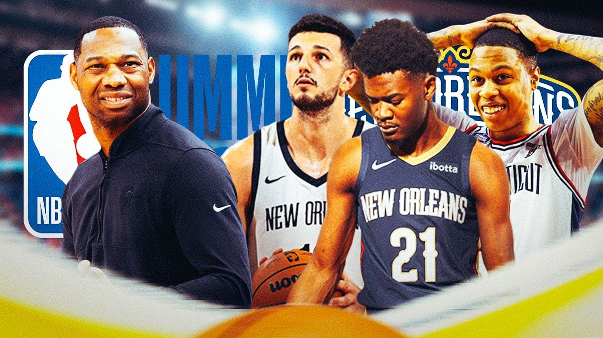 Jordan Hawkins, Yves Missi, and Karlo Matkovic at an ATM with the NBA Summer League logo/brand. Willie Green showing emptied-out pockets. New Orleans Pelicans logo as a background
