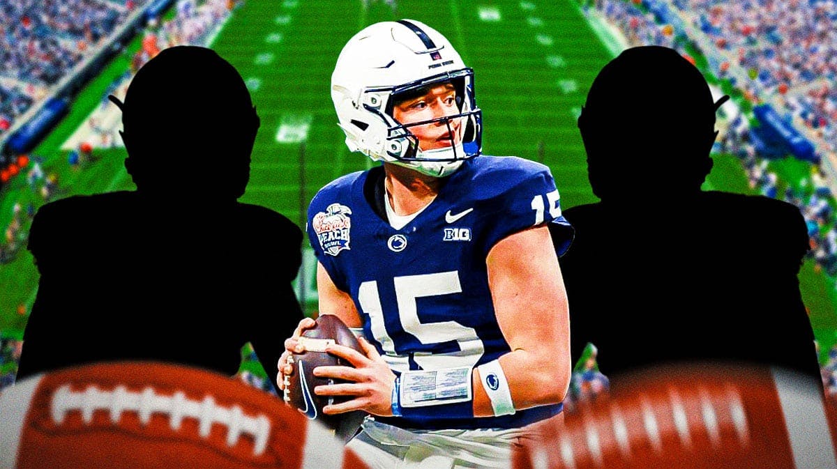 Penn State football, Nittany Lions, 2024 Penn State football, Penn State football predictions, Drew Allar, Drew Allar and two mystery players with Penn State football stadium in the background