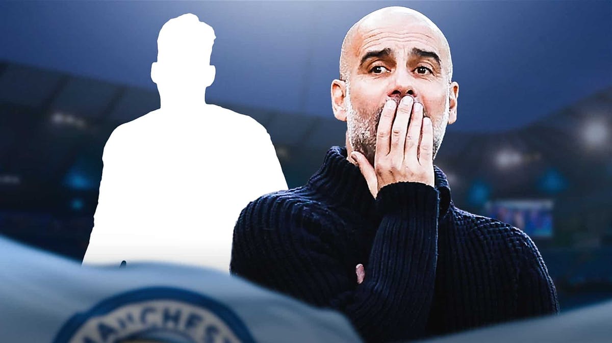 Pep Guardiola next to the silhouette of Ederson, the Manchester City logo behind them