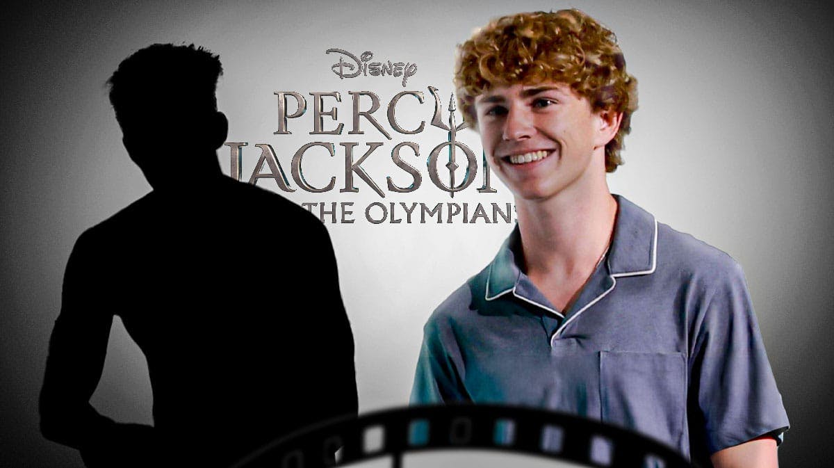 Percy Jackson and the Olympians logo with Walker Scobell and silhouette of Season 2 Tyson star Daniel Diemer.