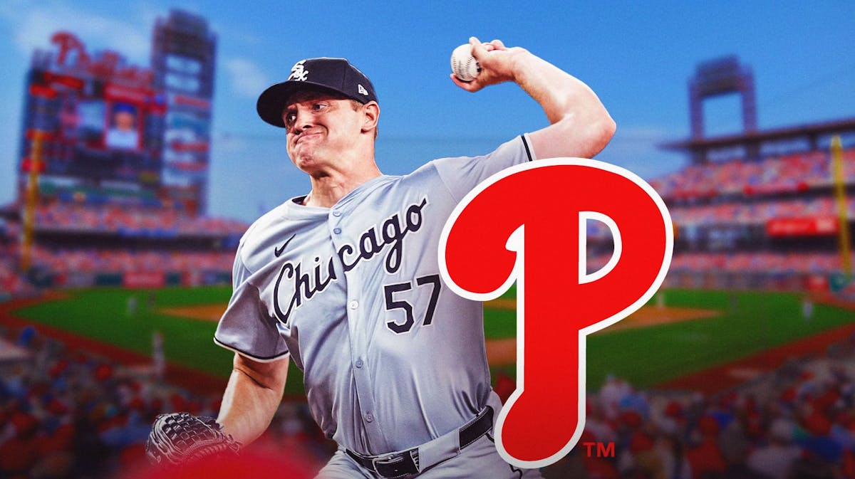 Tanner Banks pitching in a Chicago White Sox uniform with a Philadelphia Phillies logo in the image as the Phillies traded for the White Sox's Banks at the MLB Trade Deadline.