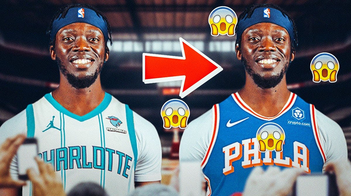 Reggie Jackson in a Charlotte Hornets jersey on one side with an arrow pointing to Reggie Jackson in a Phildelphia 76ers jersey on the other side, a bunch of shocked emojis in the background