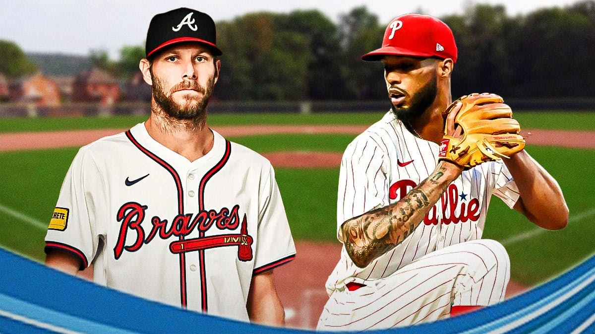 Chris Sale in an Atlanta Braves uniform next to Cristopher Sánchez pitching in a Philadelphia Phillies uniform as Sanchez will replace Sale as a staring pitcher in the 2024 All-Star game